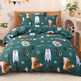 JSD Green Forest Animal Kids Duvet Cover Set Queen Size, 3 Piece Soft Printed Microfiber Comforter Cover with Pillow Sham Zipper Closure, Comforter Not Included JSD