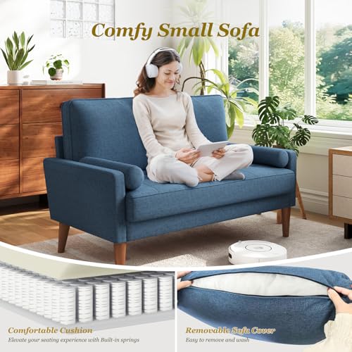 Vesgantti Loveseat Sofa with Solid Wood Legs, 48" Small Couches for Small Spaces, Love Seat for Living Room, Bedroom, Easy Assembly Mid Century Modern Couch with Throw Pillow for Apartment, Blue Vesgantti