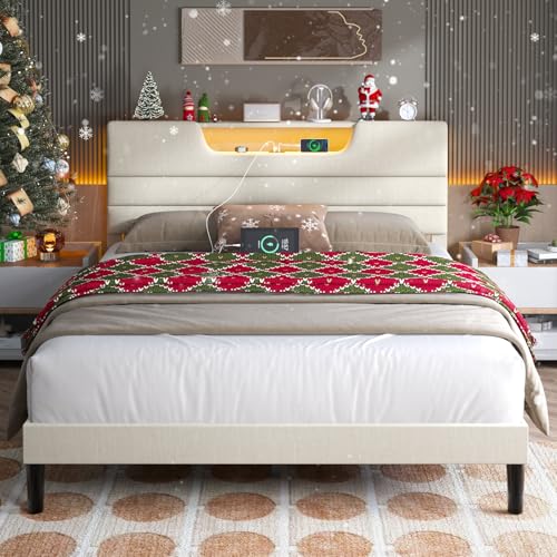 OURPIC Queen Bed Frame with Charging Station and LED Light, Upholstered Bed Frame Queen Size with Headboard, Wood Bedframe No Box Spring Needed, Easy Assembly, Beige OURPIC