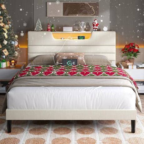 OURPIC Queen Bed Frame with Charging Station and LED Light, Upholstered Bed Frame Queen Size with Headboard, Wood Bedframe No Box Spring Needed, Easy Assembly, Beige OURPIC