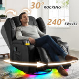 DRMBOOK Dual Motor Power Swivel Rocker Recliner Chairs, Electric Wall Hugger Reclining Sofa with Massage & Heat, Modern Theater Seating with LED/USB/Type-C Ports (Leather Black, Single Chair)