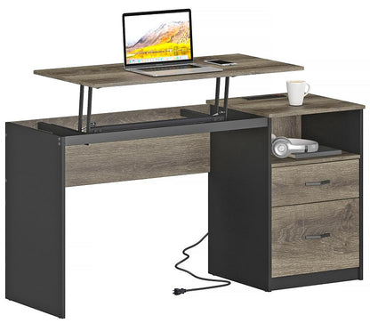 Bestier 60 inch Home Office Desk with Power Outlets, Computer Desk with Drawers, Reversible Desk with File Drawer, Adjustable Height Desk with Storage for Home Office, Gray - WoodArtSupply