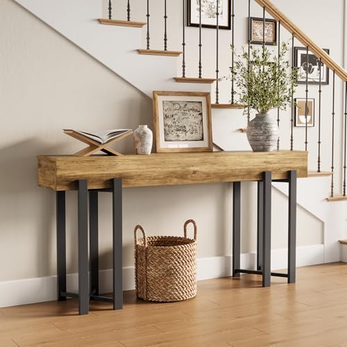 LITTLE TREE 63-Inch Console Table for Entryway, Industrial Behind Couch Table, Minimalist Sofa Table for Living Room, Rustic Brown Wooden Hallway Foyer Table with Black Metal Frame LITTLE TREE