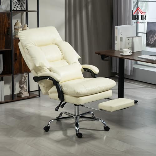 HOMCOM Overstuffed Executive Office Chair, PU Leather Reclining Swivel Desk Chair with High Back, Foot Rest, Thick Padded, 300 lbs, Cream White HOMCOM
