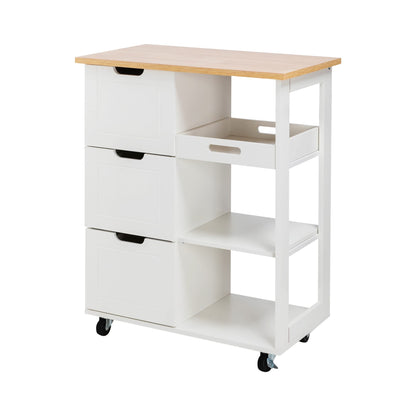 Shintenchi Kitchen Island Cart with Storage,Rolling Kitchen Island Storage Cabinet,Side Table on Wheels with Worktop,3 Open Shelves and 3 Drawers for Kitchen,Dinning Room, White