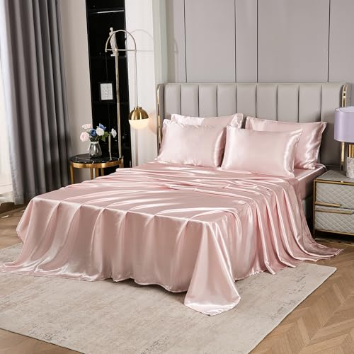 Herside Pink Mocha Satin Comforter Set 7 Pcs Full Size Bed in a Bag Luxury Satin Bedding Set with Comforter Pillowcases and Sheets Sets Mini Pompoms Design Super Soft Silky Bed Set for All Seasons Herside