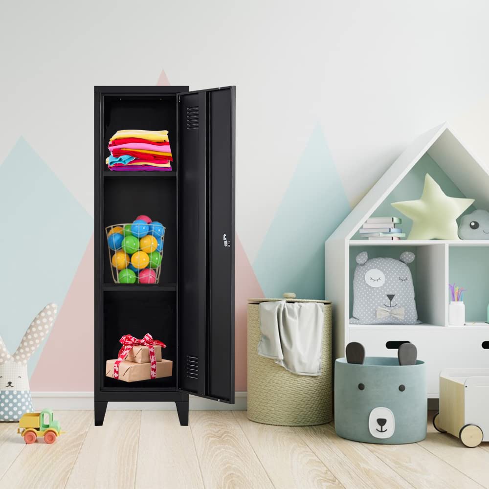 iCHENGGD Metal Cabinet, 47" H Home Office Storage Lockers, Vertical Steel Storage Cabinet with Locking Door and 2 Adjustable Shelves, Small Metal Locker Cabinets (1 Door, Black) iCHENGGD