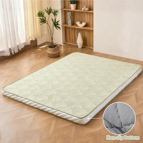 Zelladorra Japanese Floor Mattress, Quilted Futon Mattress with Anti-Slip Bottom, Foldable Floor Bed with Storage Bag and Straps, (Green, Queen) Zelladorra