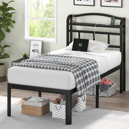 QEROMY Twin Size Bed Frame - Storage Headboard with Charging Station, Easy Assembly, 18 inch Heavy Duty Metal Platform Bed Frame No Box Spring Needed, Black QEROMY