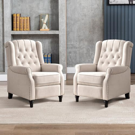 EBELLO Push Back Recliner Chair, Fabric Accent Chair Pushback Recliner with Rivet Decoration, Button-Tufted Back, Mid Century Wingback Armchair for Living Room, Bedroom, Beige EBELLO