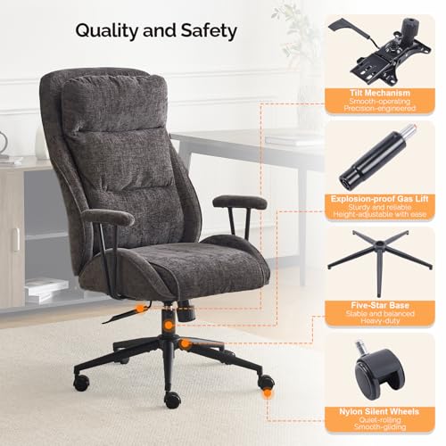VINGLI Chenille Executive Ergonomic Fabric Office Chair with 100-130° Recline, High-Back Desk Chair with Adjustable Base & Padded Back & Wheels, Comfy Chair for Gaming, Computer, Home Office,Dark Gray VINGLI