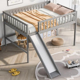 Merax Full Size Wood Low Loft Bed Frame with Slide for Kids Girls Boys,Full Length Guardrails, Gray Merax
