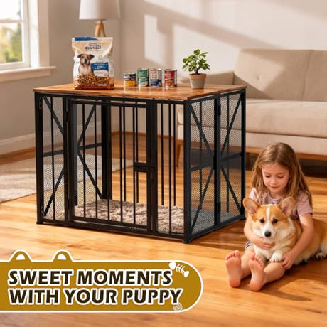 Dog Crate Furniture Foldable with Dog Bed Mat, 27" No Assembly Decorative Dog Kennel Indoor, Heavy Duty Small Collapsible Dog Crates for Small Dogs (Under 25 lb), Wooden Dog Cage TNELTUEB