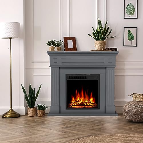 R.W.FLAME 43” Electric Fireplace Mantel Wooden Surround Firebox, TV Stand with Freestanding Electric Fireplace, Remote Control, Adjustable Led Flame, 750W/1500W Grey