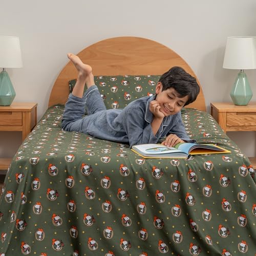 Berkshire Blanket Peanuts® Kids Sheet Set Queen Size - 4 Pieces,Cute Character Snoopy Printed Soft Microfiber Bed Sheets,Snoopy Giddy Up Cowboy Sheets Moss Berkshire Blanket