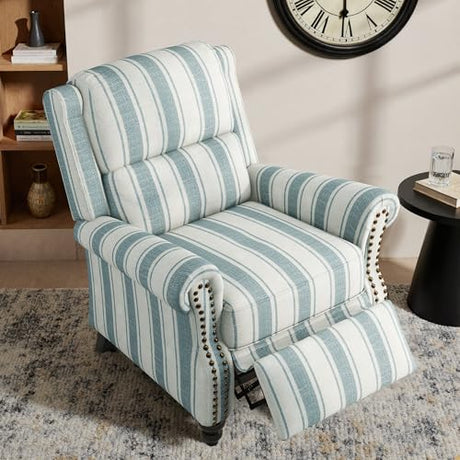 Blissabod Pushback Recliner Chair, Striped Fabric Wingback Recliner Chair, Upholstered Push Back Armchair Recliner, Single Sofa with Trim Wood Legs for Living Room (Blue) Blissabod