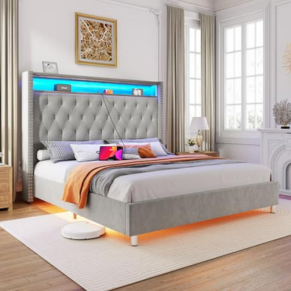 Jocisland King Bed Frame with LED Lighting and Charging Station - Velvet Tall Upholstered Platform with Wingback Headboard - WoodArtSupply