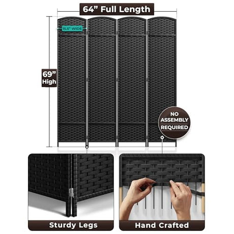 Sorbus 4 Panel Room Divider 6 ft. Tall - Privacy Screen, Extra Wide Double Hinged Panels, Mesh Hand-Woven Design, Partition Room Dividers and Folding Privacy Screens, Wall Divider for Room Separation Sorbus