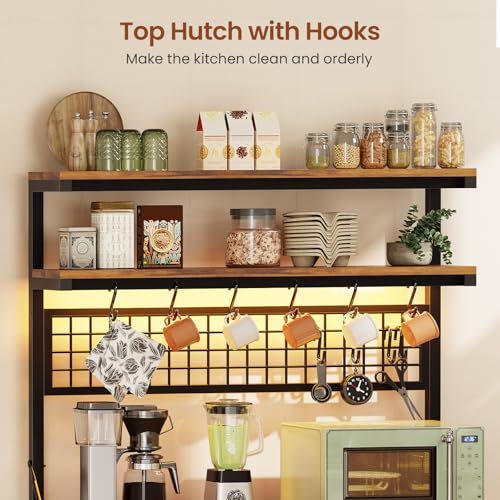 Itaar Bakers Rack with Storage and Power Outlet, 35.4 inch Coffee Bar Cabinet, Microwave Stand Kitchen Cabinet with Hutch, LED Lights, Wine Rack and Hooks, Rustic Brown
