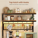 Itaar Bakers Rack with Storage and Power Outlet, 35.4 inch Coffee Bar Cabinet, Microwave Stand Kitchen Cabinet with Hutch, LED Lights, Wine Rack and Hooks, Rustic Brown