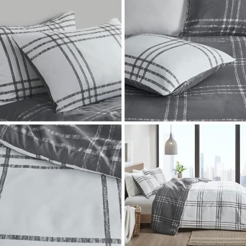 Intelligent Design Pike Reversible Comforter Set, Cottage Plaid Print, Modern Cabin Lifestyle, Down Alternative, All Season Bedding with Matching Sham, Twin/Twin XL White/Grey 2 Piece Intelligent Design