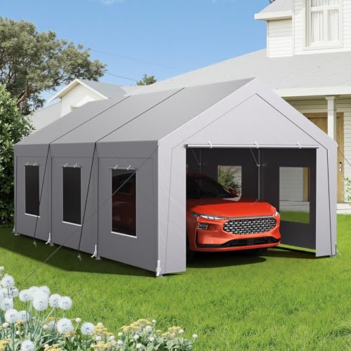 Carport 12x20 ft Heavy Duty, Car Port with Reinforced Steel Frame and 6 Roll-up Windows, Portable Garage with Removable Sidewalls, Water-Proof All-Season Car Canopy for Boat, Truck, Light Grey ONBRILL
