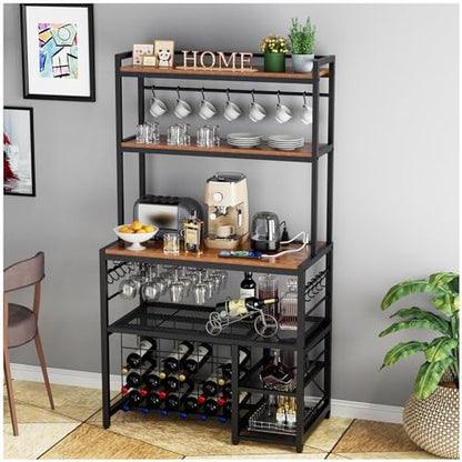 yacchi home Wine Bar Cabinet with Outlet and LED Light, Liquor Cabinet with Glasses Holder Movable Storage Shelf, 4-Tier Wine Rack Durable Coffee Bar Cabinet for Kitchen Dining Room, Grey - WoodArtSupply