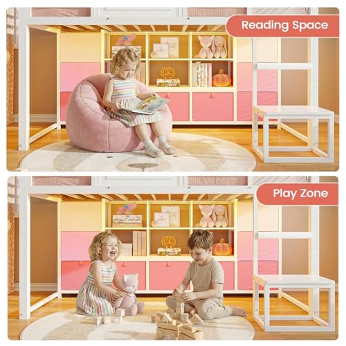 VIAGDO Twin Size Low Loft Bed with 9 Storage Drawers, Bookcase and LED Lights, House-Shaped Metal Twin Loft Bed with Step Stool and Safety Guardrail, Kids Loft Bed with Under-Bed Play Space, White VIAGDO