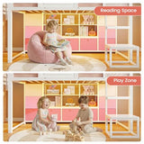 VIAGDO Twin Size Low Loft Bed with 9 Storage Drawers, Bookcase and LED Lights, House-Shaped Metal Twin Loft Bed with Step Stool and Safety Guardrail, Kids Loft Bed with Under-Bed Play Space, White VIAGDO