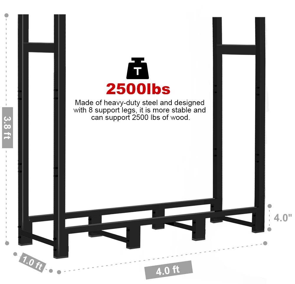 Khordin 4ft Firewood Rack Adjustable Heavy Duty Fire Wood Stand Holder for Outdoor Indoor Fireplace Log Storage, Metal Lumber Stacker Organizer, Black Khordin