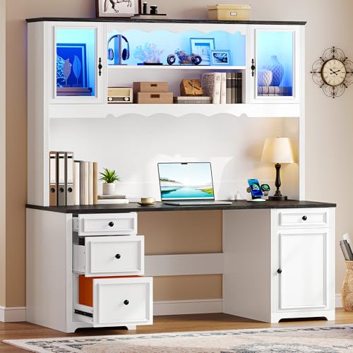 YITAHOME Executive Desk with Hutch and Drawers, Farmhouse Computer Desk with Power Outlet & LED Lights, Home Office Desks with Storage Shelves, Storage Cabinet with Glass Door, White & Black YITAHOME