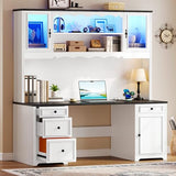 YITAHOME Executive Desk with Hutch and Drawers, Farmhouse Computer Desk with Power Outlet & LED Lights, Home Office Desks with Storage Shelves, Storage Cabinet with Glass Door, White & Black YITAHOME