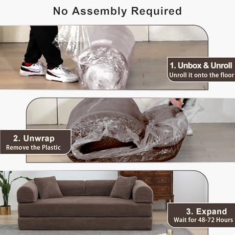 JJJ 63 inch Sofa Bed 4-in-1 Boneless Convertible Corduroy Sleeper Folding Couch with Fixed-Shape Frame and 2 Futons No Assemble Required 3 Seater Upholstered for Living Room (Brown, 63 inch) JJJ