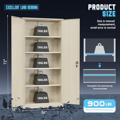 Superday Metal Storage Cabinet with Lock, 72" H Garage Storage Cabinet with Doors and 4 Adjustable Shelves,Putty Steel Locking Cabinets for Office, Home, Garage, Gym, School Superday