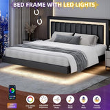 HOMBCK Floating Bed Frame King with Smart LED Lights, Faux Leather Upholstered Platform Bed with Diamond PU Headboard, No Box Spring Needed, Noise-Free, Easy Assembly, Black HOMBCK