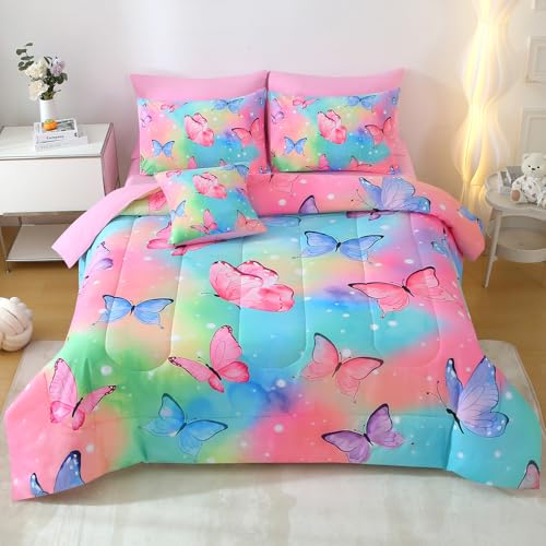 JQinHome 6 Pc Twin Rainbow Butterfly Comforter Set - 3D Butterfly Design Butterflies Bedding with Sheet Sets Bed in A Bag for Girls Kids Teens (Rainbow) JQinHome