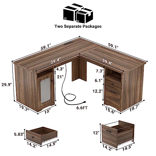 Unikito L Shaped Desk with File Cabinet, 60 Inch Large Office Desk with Power Outlets and USB Charging Ports, L Shape Computer Desk with Drawer, 2 Person Corner Executive Desk with Storage, R - WoodArtSupply