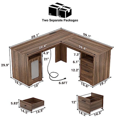 Unikito L Shaped Desk with File Cabinet, 60 Inch Large Office Desk with Power Outlets and USB Charging Ports, L Shape Computer Desk with Drawer, 2 Person Corner Executive Desk with Storage, R - WoodArtSupply