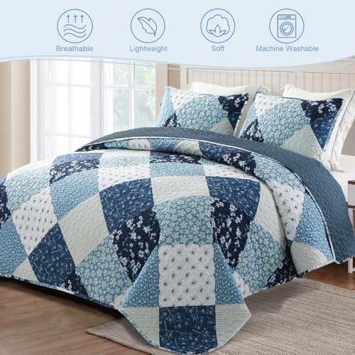 Exclusivo Mezcla Reversible Boho Quilts Twin Size, Blue Bedspreads Lightweight Coverlet All Season Patchwork Quilt Bedding Set with Printed Floral Pattern (1 Quilt, 1 Pillow Sham) Exclusivo Mezcla