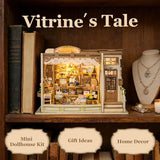 fifijoy DIY Miniature Dollhouse Kit - Jewelry Shop DIY Miniature House Kit for Adults and Teens, 3D Wooden Puzzle Tiny House Model with LED Light, Unique Gift for Family, Friends (Vitrine’s Tale)