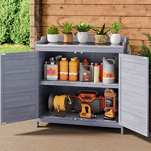 Gizoon Outdoor Potting Bench with Metal Tabletop, Outdoor Garden Patio Wooden Storage Cabinet with Adjustable Shelf, Double Doors Garden Work Bench for Backyard, Patio, Lawn - Grey Gizoon