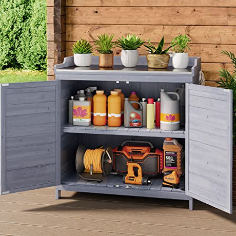 Gizoon Outdoor Potting Bench with Metal Tabletop, Outdoor Garden Patio Wooden Storage Cabinet with Adjustable Shelf, Double Doors Garden Work Bench for Backyard, Patio, Lawn - Grey Gizoon