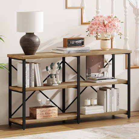 BON AUGURE Console Tables for Entryway, Industrial Sofa Table Behind Couch, 3 Tier Hallway Table for Foyer, Horizontal Bookshelf for Living Room (55 Inch, Vintage Oak) BON AUGURE