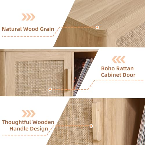 LEYAOYAO Large Record Player Stand with Vinyl Storage Up to 450 Albums, Wood Rattan Boho Record Storage Accent Cabinet, Modern Stereo Media Cabinets, Wide Turntable Stand for Living Room, Natural Oak LEYAOYAO