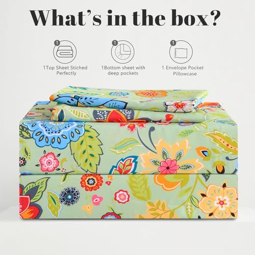 Bedlifes Full Sheet Set Ultra Soft, Breathable, Silky Flower Deep Pocket 100% Microfiber Bedding, 4 Piece Full Size with Floral Sage Green Bedlifes