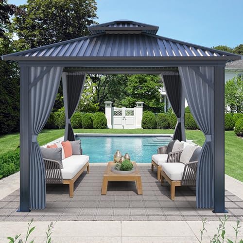 Raysfung 10 X 10ft Hardtop Gazebo, Galvanized Steel Double Roof Gazebo with Nettings and Curtain Outdoor Aluminum Frame Vertical Stripes Roof Permanent for Patio, Backyard, Lawns Raysfung