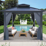 Raysfung 10 X 10ft Hardtop Gazebo, Galvanized Steel Double Roof Gazebo with Nettings and Curtain Outdoor Aluminum Frame Vertical Stripes Roof Permanent for Patio, Backyard, Lawns Raysfung