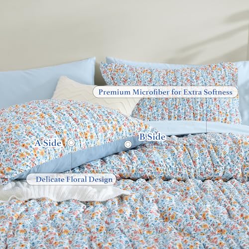 BLOOMHAVEN Queen Comforter Set - 7 Pieces Blue Classic Puff Floral Bedding Sets for All Seasons, Shabby Chic Farmhouse Bed in a Bag Queen with Wildflowers Fluffy Comforter, Sheets, Pillowcases & Shams BLOOMHAVEN