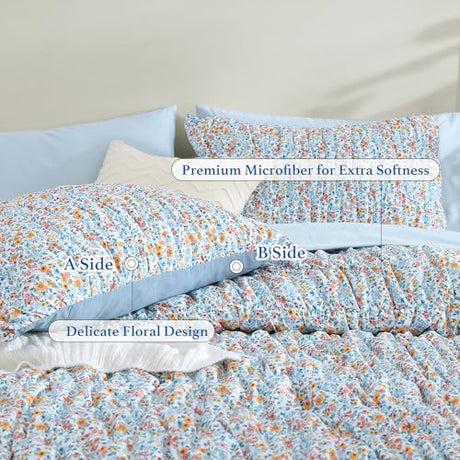 BLOOMHAVEN Queen Comforter Set - 7 Pieces Blue Classic Puff Floral Bedding Sets for All Seasons, Shabby Chic Farmhouse Bed in a Bag Queen with Wildflowers Fluffy Comforter, Sheets, Pillowcases & Shams BLOOMHAVEN