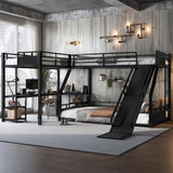 Metal Triple Bunk Beds with Slide, Desk and Storage Shelves, L-Shaped Twin XL Over Queen Bunk Bed with 2 Ladders and Guardrails for Kids Teens, Noise-Free Design (Black, Twin XL/Queen) CITYLIGHT